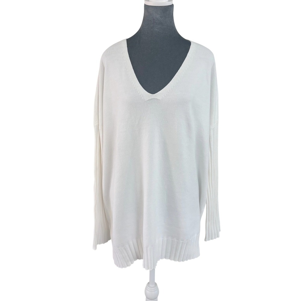 French Connection White Cozy Coastal Oversized V-Neck Ribbed Sleeve Sweater L